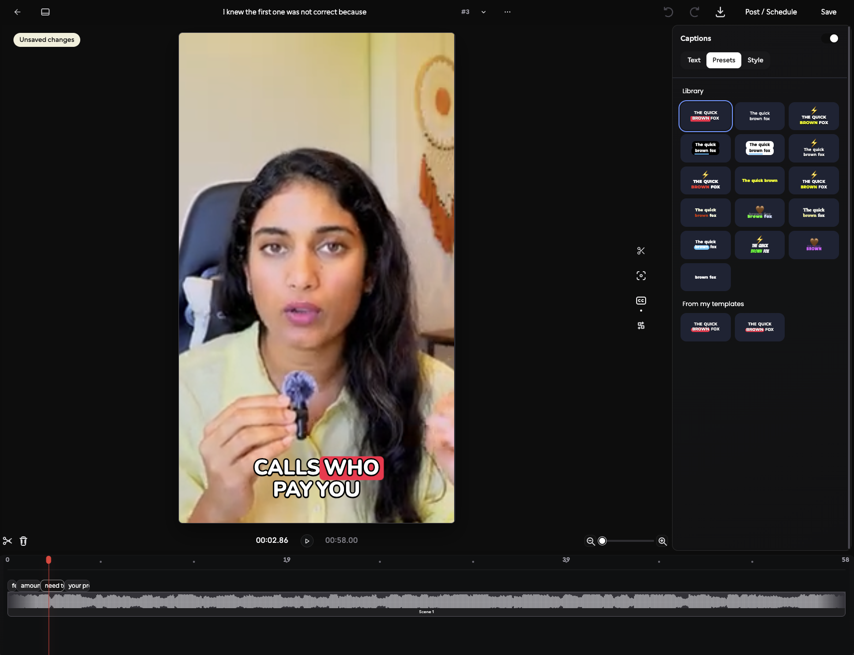 Poppi caption editor showing a vertical video, caption presets, and a transcript timeline